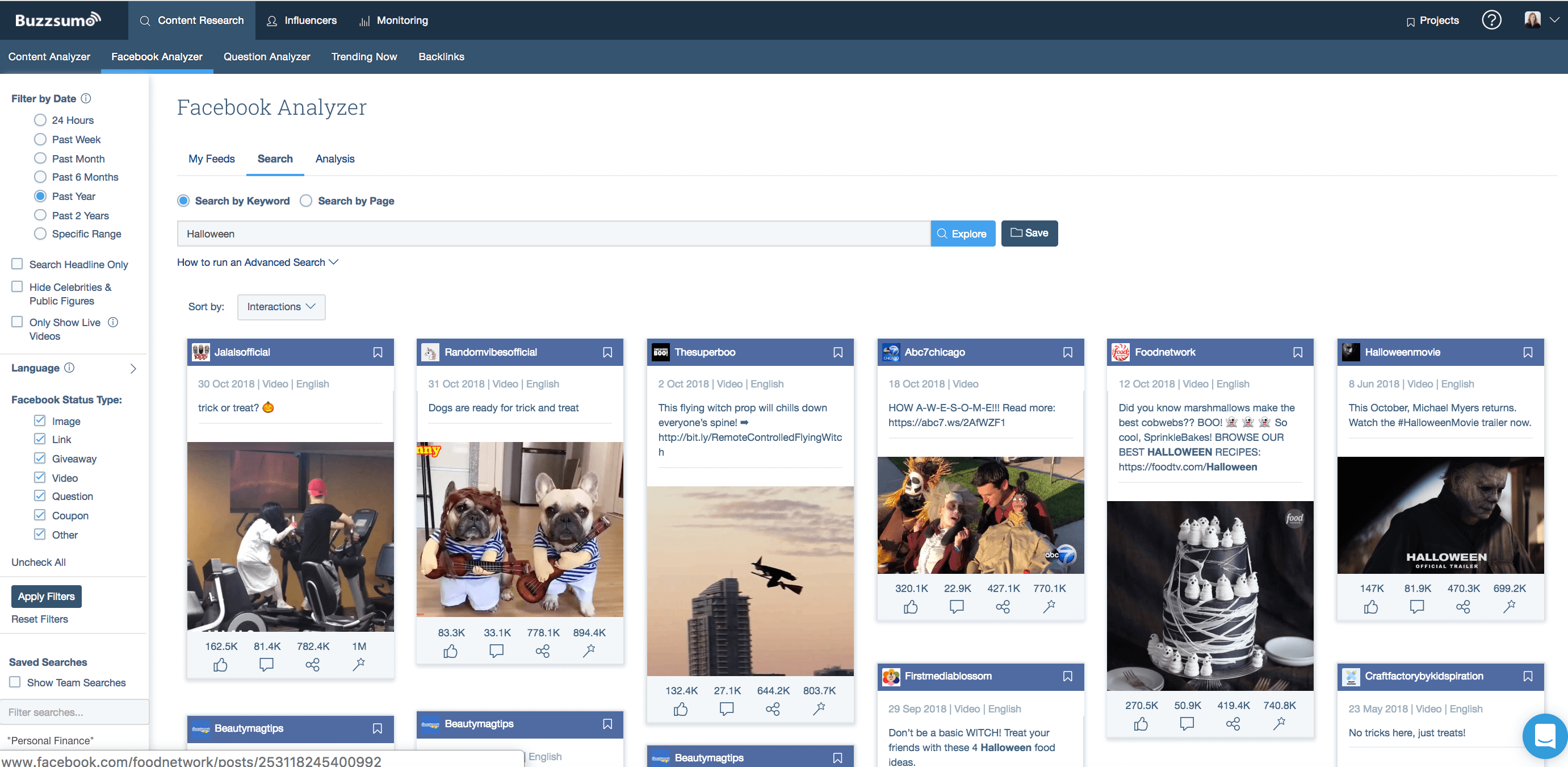 Example of BuzzSumo Facebook Engagement analysis for a topic