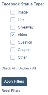 Facebook Status Type with checkboxes allowing the user to choose Image, Link, Giveaway, Video, etc. The "video" checkbox is selected.