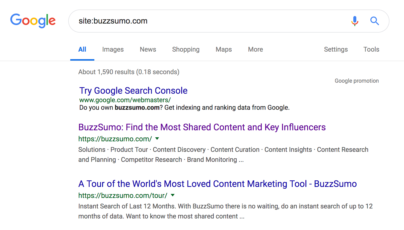 Example of google search for site content to audit screenshot