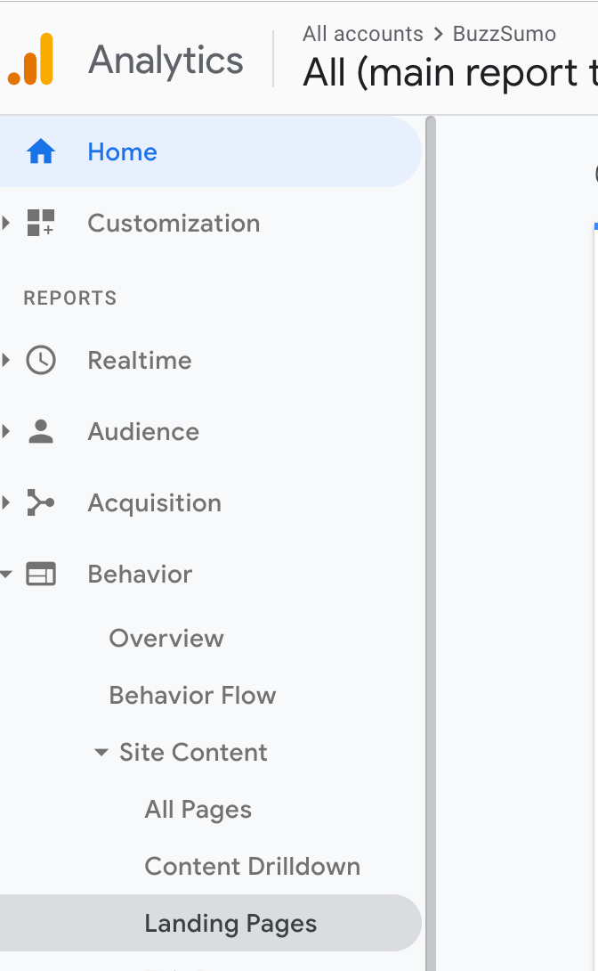 Google Analytics for Landing Page identification content audit screenshot